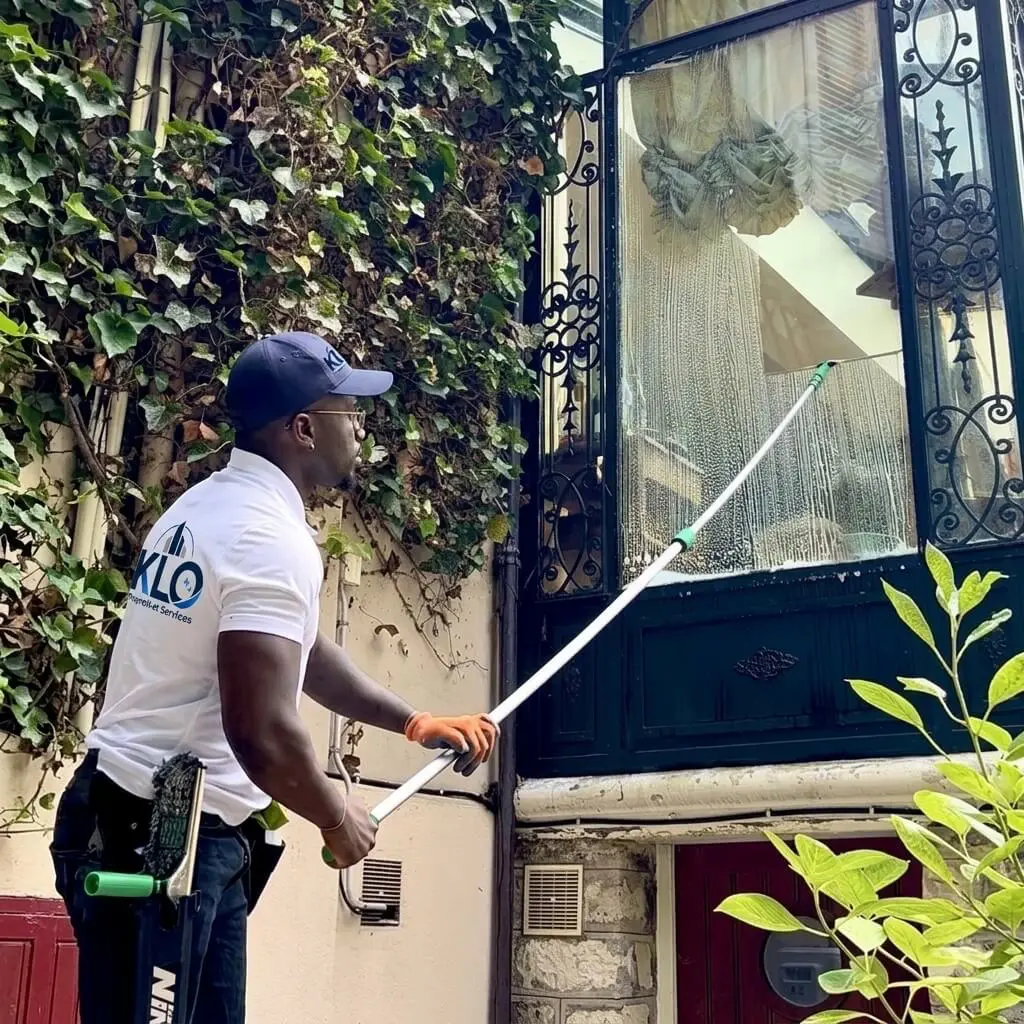 Laveur de vitres KLO nettoyant les fenêtres d'une façade résidentielle